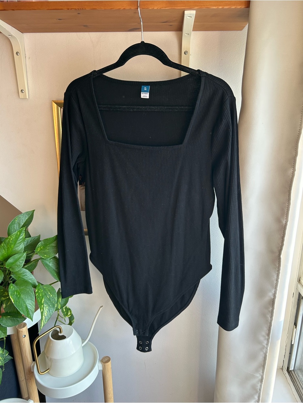 Old Navy Long Sleeve Black Ribbed Square-Neck Bodysuit